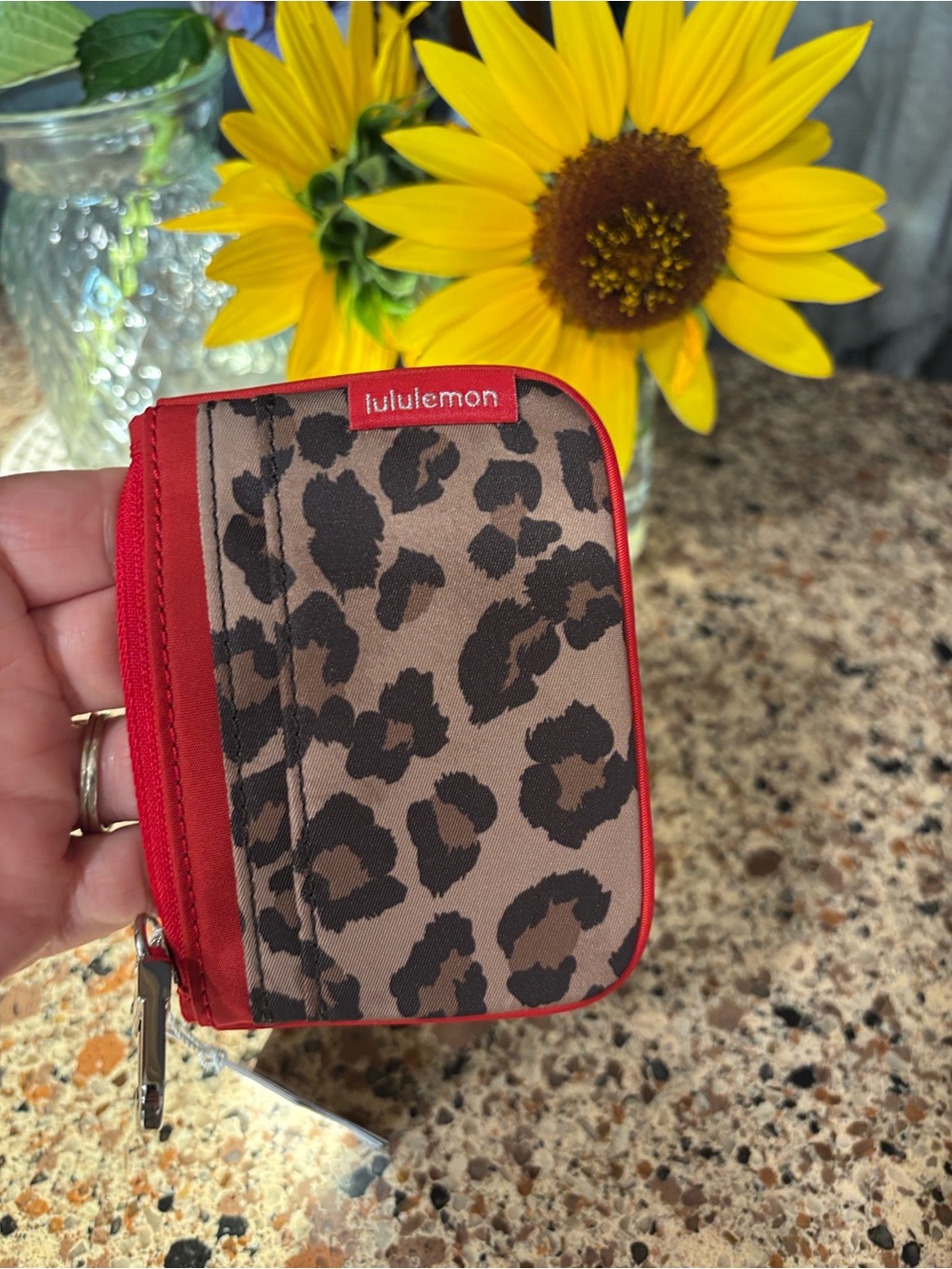 lululemon athletica Leopard Print Red Zip Wallet Clippable Card Holder NWT